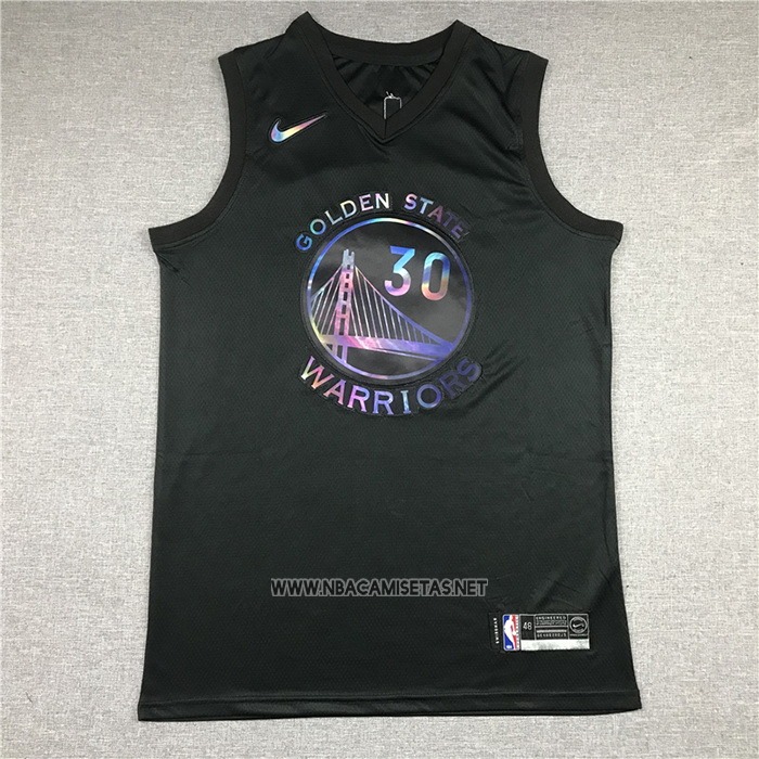 Camiseta Golden State Warriors Stephen Curry NO 30 Iridescent Logo Negro